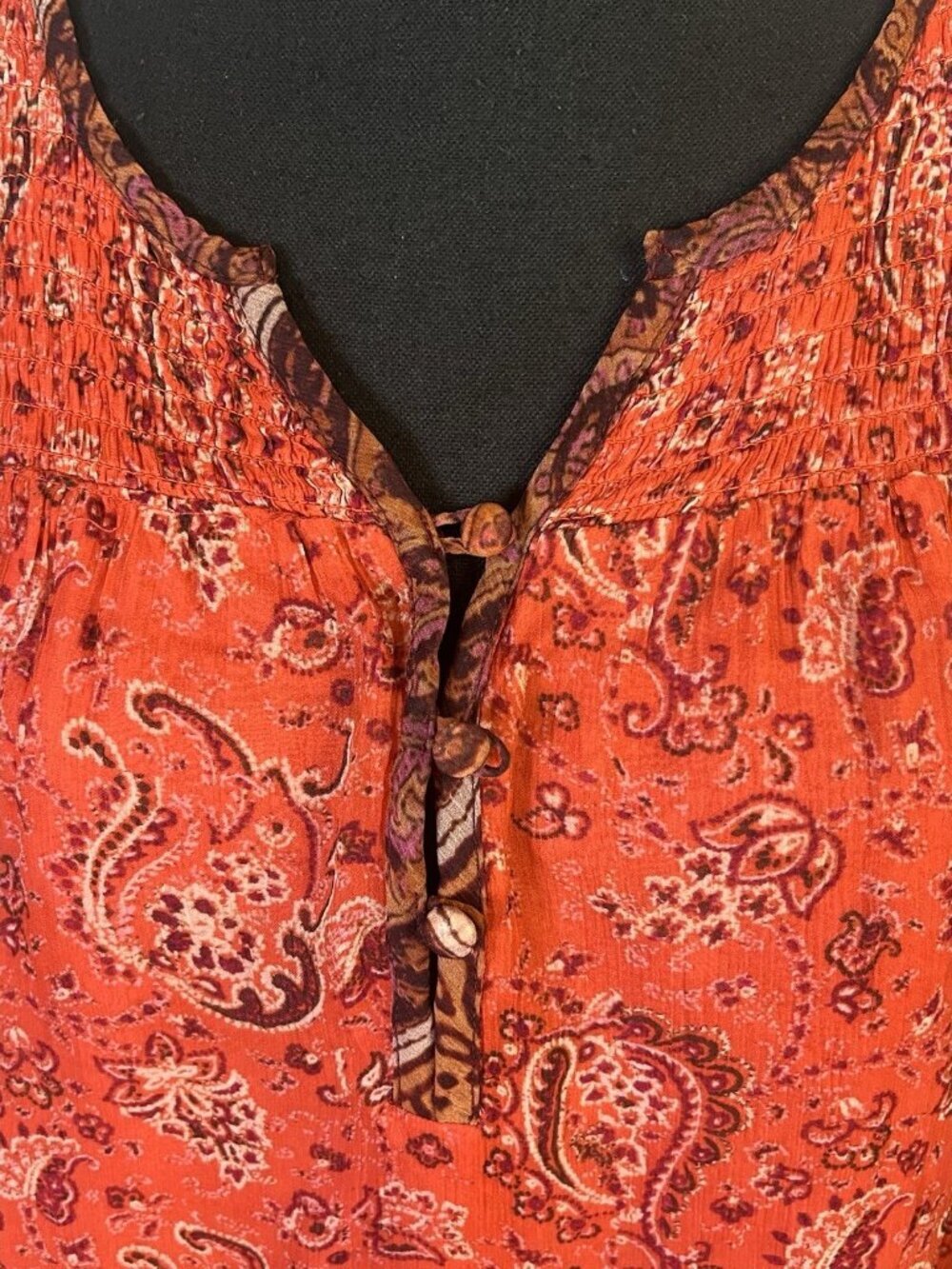 Sundance Long Sleeve Viscose Crinkle Top Sz S Boho Smocked Paisley Peasant V Nec - Picture 3 of 9